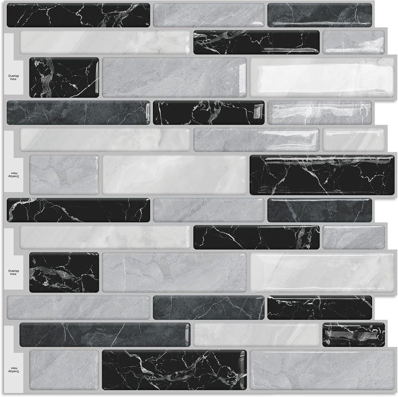 DEWOO Kitchen Backsplash Self Adhesive Wall 3D Marble Tiles Peel and Stick Bathroom, Black Mosaic (10-Sheet, 12"×12") - Image 1